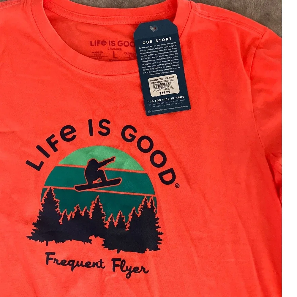 Life is Good Womens Crusher L/S T-Shirt L Orange Snowboard Frequent Flyer NWT